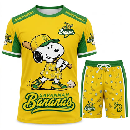 Baseball Fan T-Shirt And Shorts Set, Green Yellow Cartoon Sport Outfit For Summer