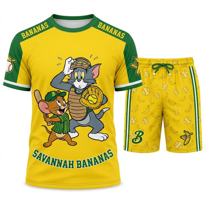 Baseball Fan T-Shirt And Shorts Set, Green Yellow Cartoon Sport Outfit For Summer