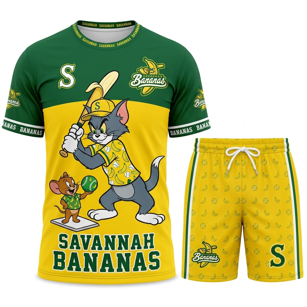 Baseball Fan T-Shirt And Shorts Set, Green Yellow Cartoon Sport Outfit For Summer
