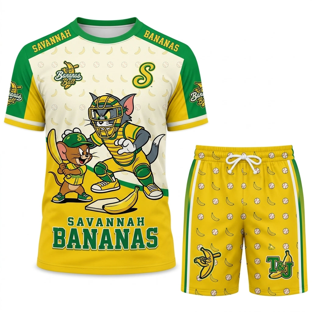 Baseball Fan T-Shirt And Shorts Set, Green Yellow Cartoon Sport Outfit For Summer