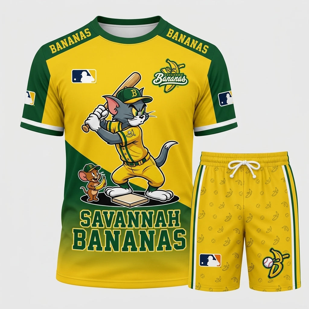 Baseball Fan T-Shirt And Shorts Set, Green Yellow Cartoon Sport Outfit For Summer
