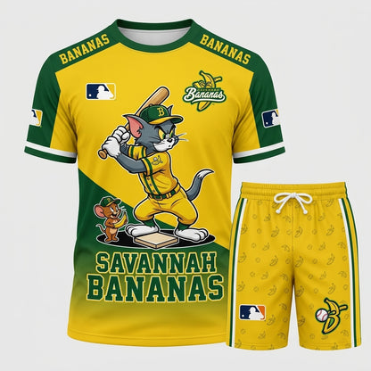 Baseball Fan T-Shirt And Shorts Set, Green Yellow Cartoon Sport Outfit For Summer