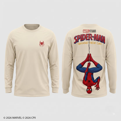 Cream Long Sleeve Shirt, Comic Web Hero Inspired Back Print Tee, Superhero Fan Streetwear Gift