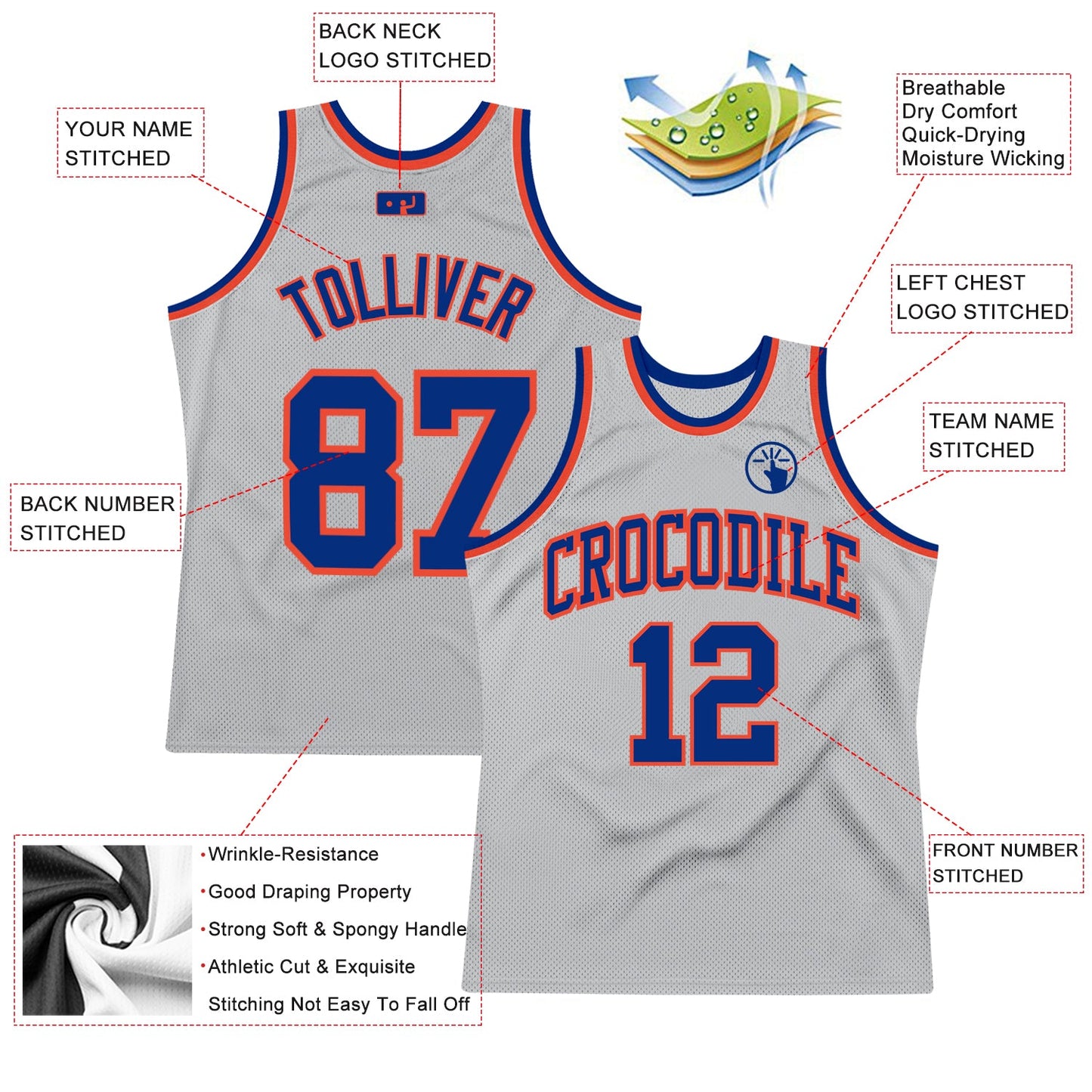Custom Gray Royal-Orange Authentic Throwback Basketball Jersey