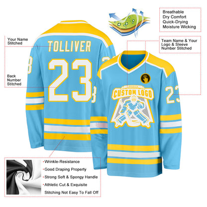Custom Sky Blue White-Gold Hockey Jersey