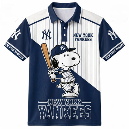 American League - AL Baseball Polo Shirt, Team Color Game Day Polo, Cartoon Dog Baseball Inspired Sports Jersey, Navy Pinstripe Fanwear Shirt