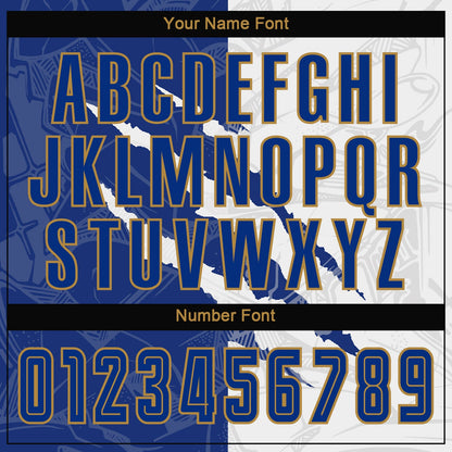 Custom Graffiti Pattern Royal White-Old Gold Scratch Sublimation Soccer Uniform Jersey