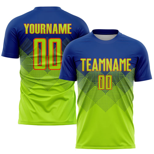 Custom Royal Neon Green-Orange Sublimation Soccer Uniform Jersey