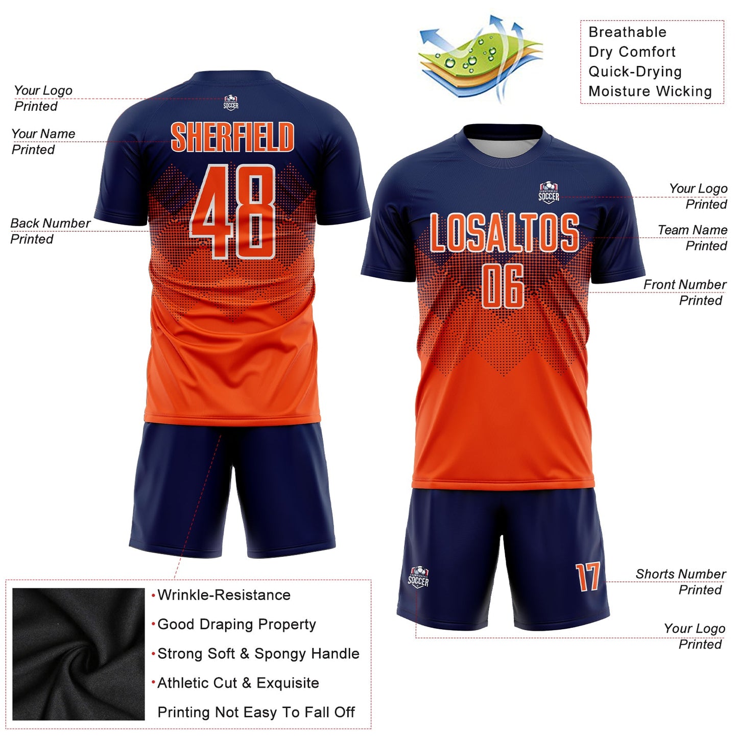 Custom Navy Orange-White Sublimation Soccer Uniform Jersey