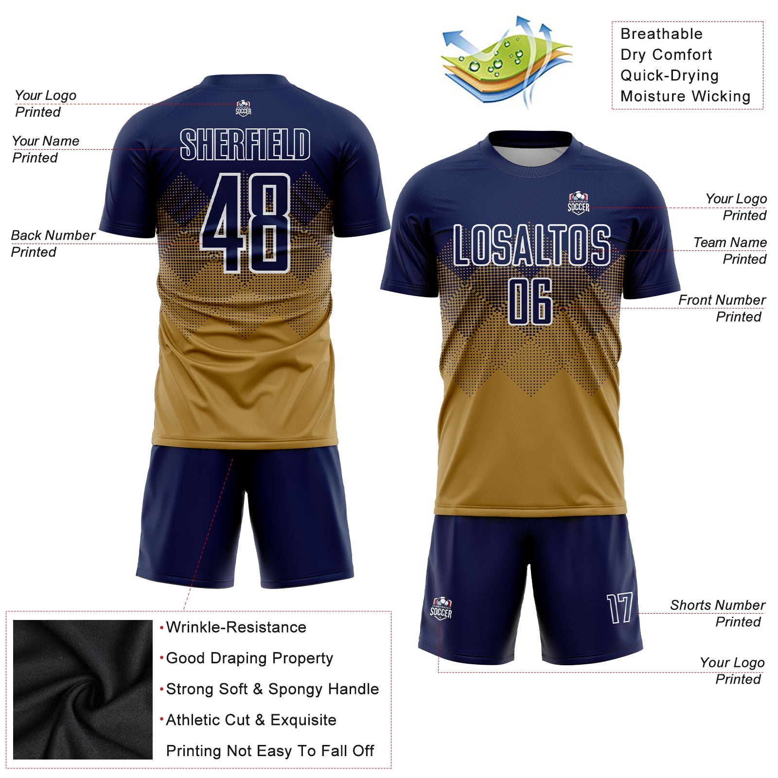 Custom Old Gold Navy-White Sublimation Soccer Uniform Jersey