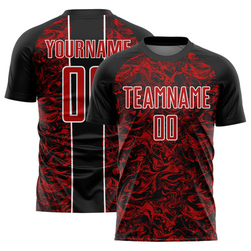 Custom Black Red-White Abstract Fluid Sublimation Soccer Uniform Jersey