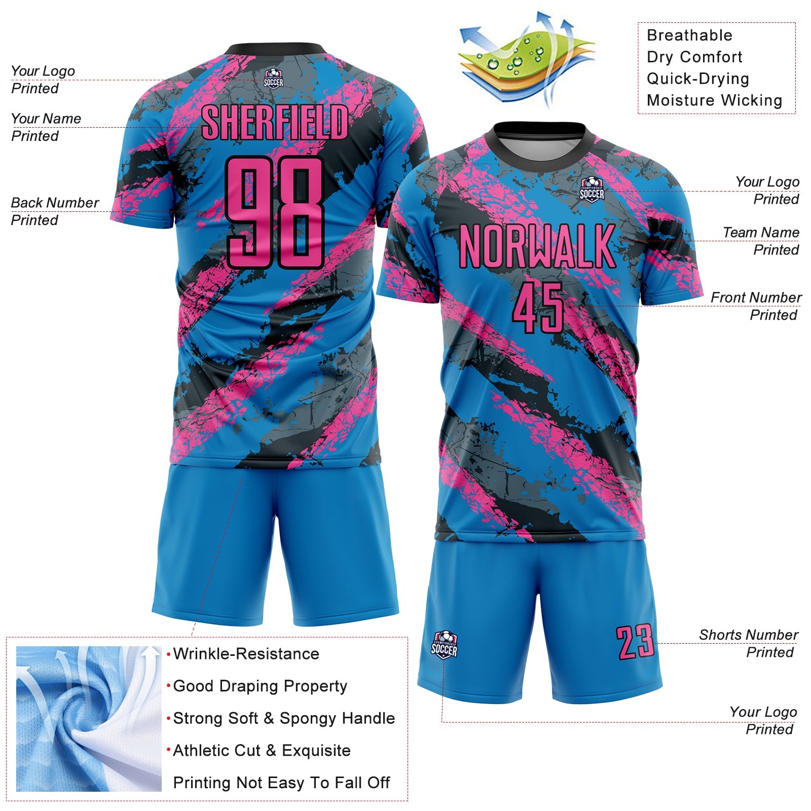 Custom Powder Blue Pink-White Sublimation Soccer Uniform Jersey