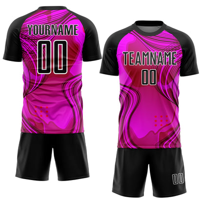 Custom Hot Pink Black-White Waves Sublimation Soccer Uniform Jersey