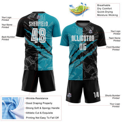 Custom Graffiti Pattern Black-Teal Scratch Sublimation Soccer Uniform Jersey