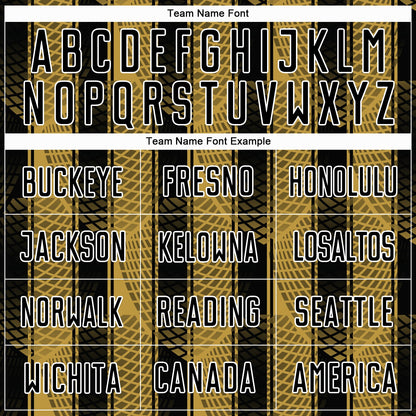 Custom Black Old Gold-White Abstract Network Sublimation Soccer Uniform Jersey
