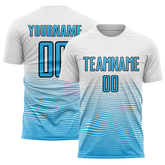 Custom White Sky Blue-Black Gradient Line Sublimation Soccer Uniform Jersey