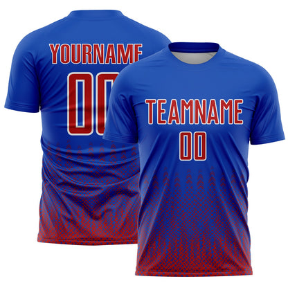 Custom Royal Red-White Geometric Shape Sublimation Soccer Uniform Jersey