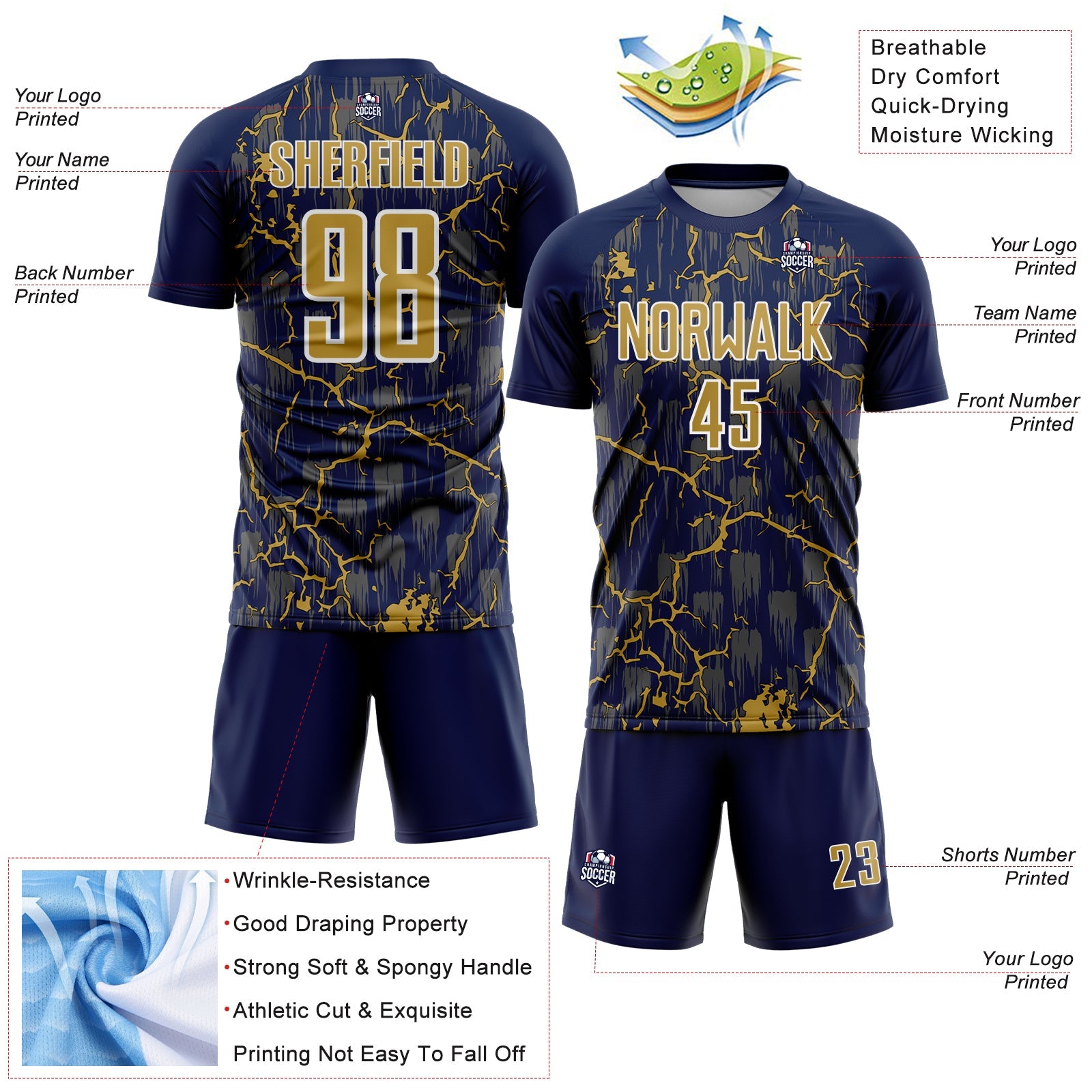 Custom Navy Old Gold-White Lightning Sublimation Soccer Uniform Jersey