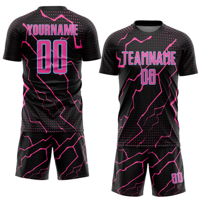 Custom Black Pink-Light Blue Lightning Sports Sublimation Soccer Uniform Jersey