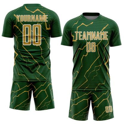 Custom Green Old Gold-White Lightning Sports Sublimation Soccer Uniform Jersey