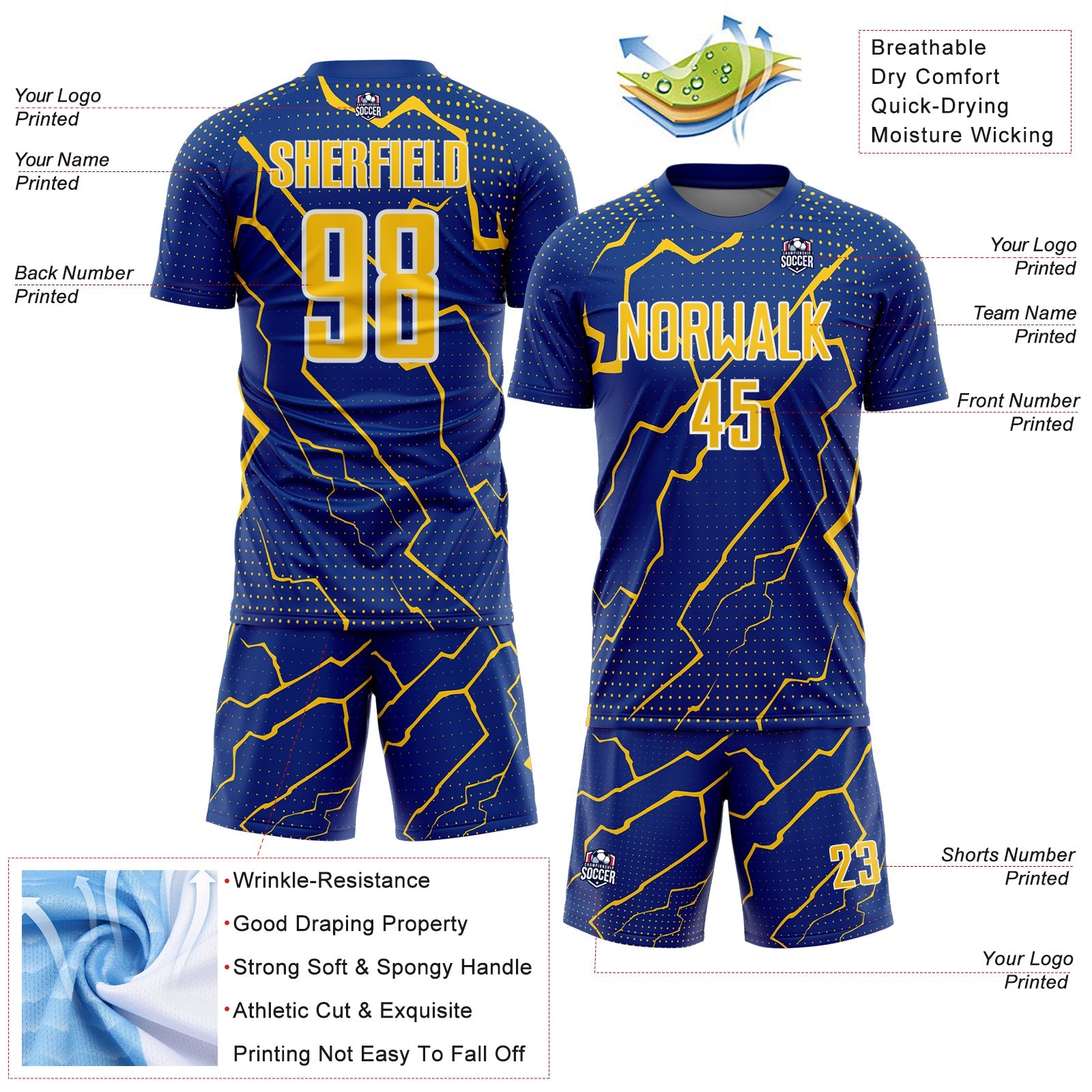 Custom Royal Yellow-White Lightning Sports Sublimation Soccer Uniform Jersey