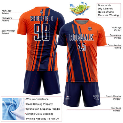 Custom Orange Navy-White Lines Sports Sublimation Soccer Uniform Jersey