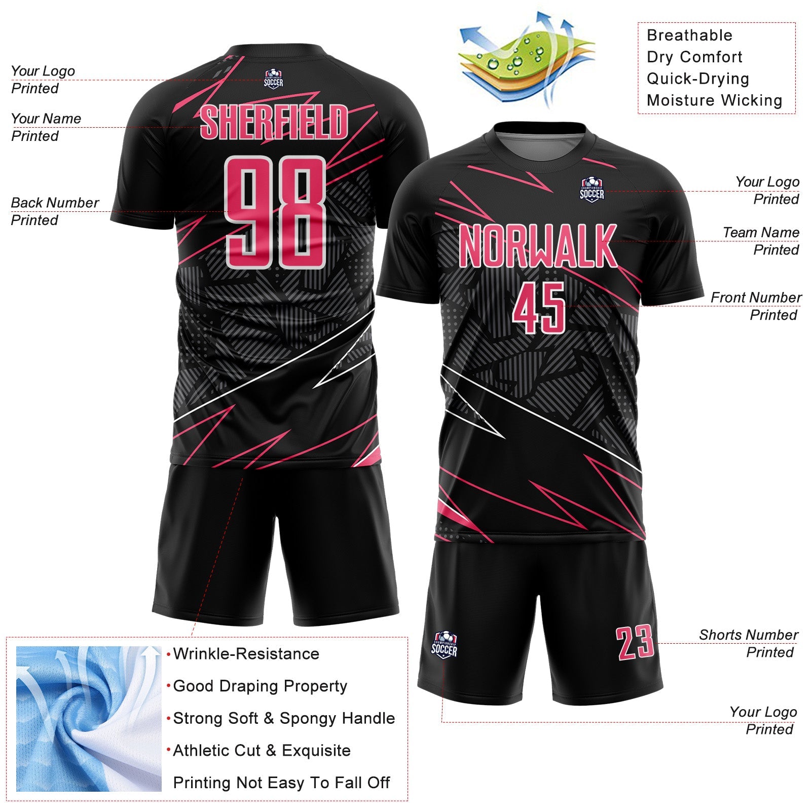 Custom Black Neon Pink-White Lines Sports Sublimation Soccer Uniform Jersey