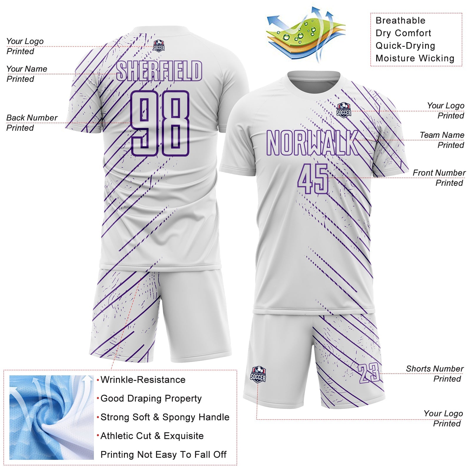 Custom White Purple Lines Sports Sublimation Soccer Uniform Jersey