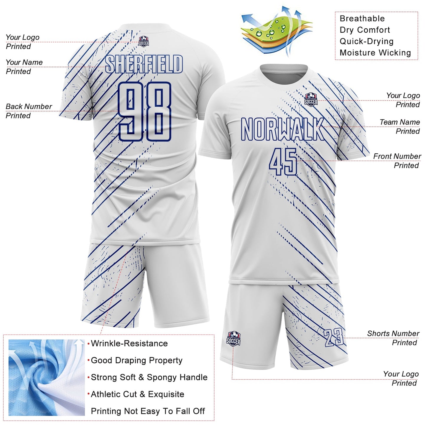 Custom White Royal Lines Sports Sublimation Soccer Uniform Jersey