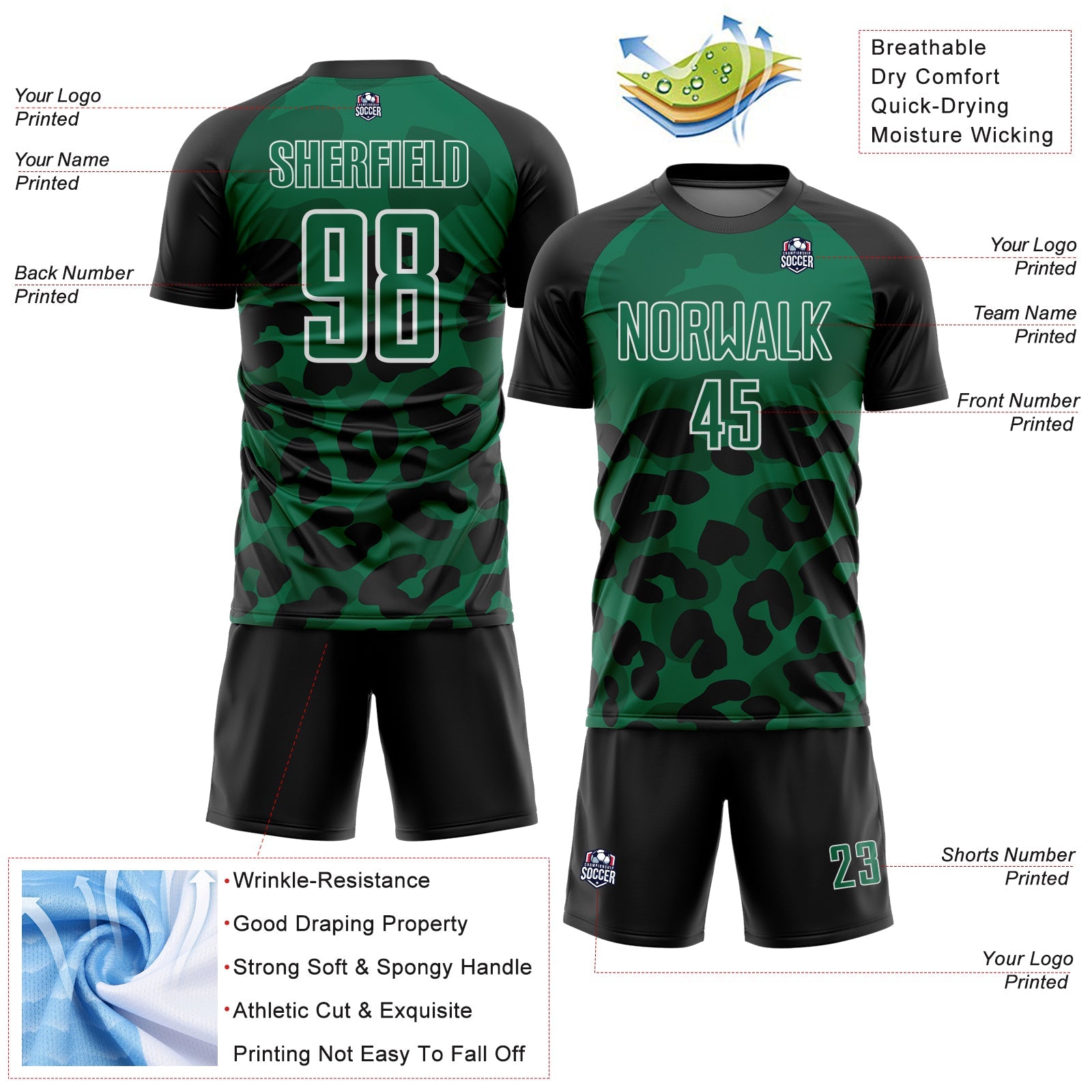 Custom Black Kelly Green-White Animal Leopard Print Sports Sublimation Soccer Uniform Jersey