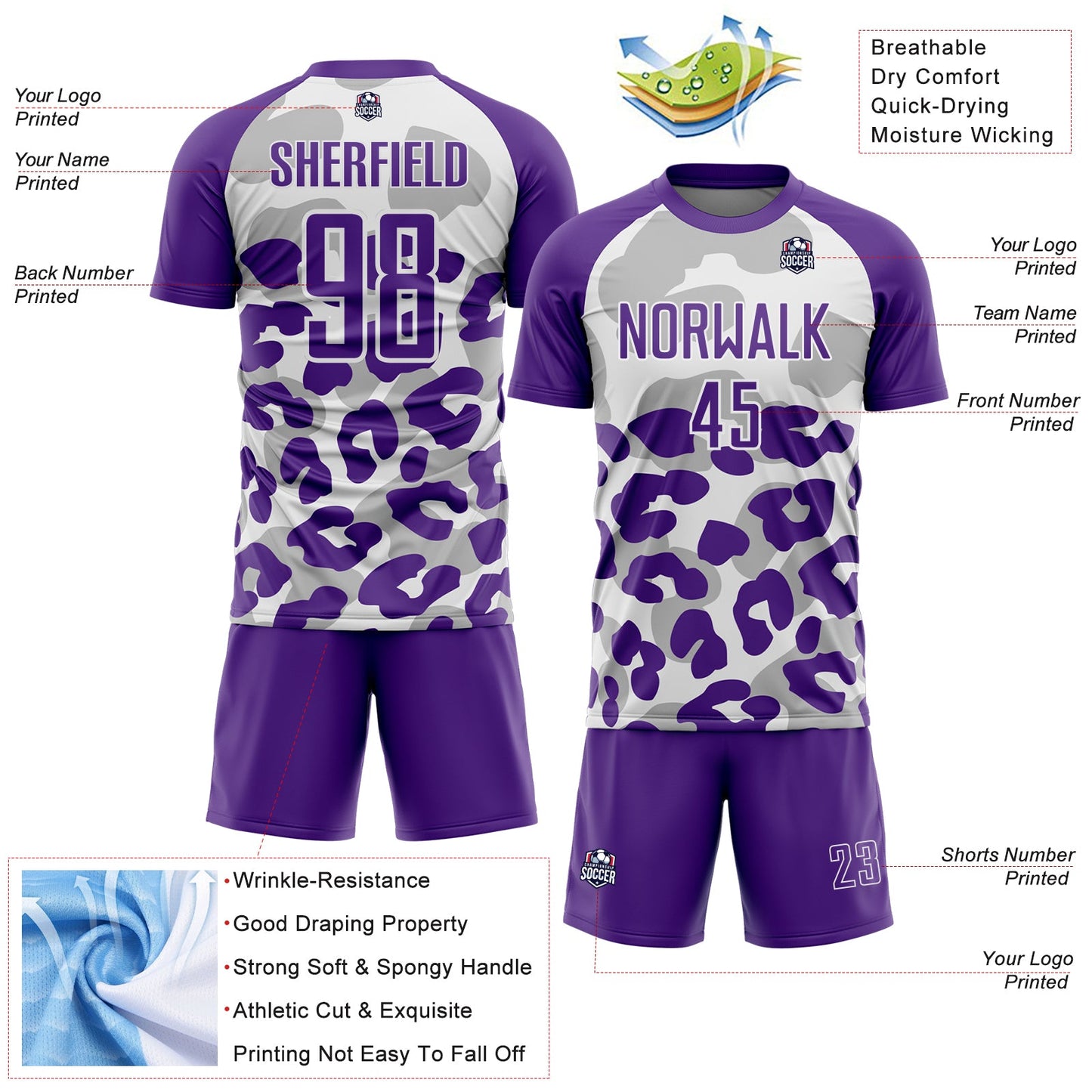 Custom Purple White Animal Leopard Print Sports Sublimation Soccer Uniform Jersey