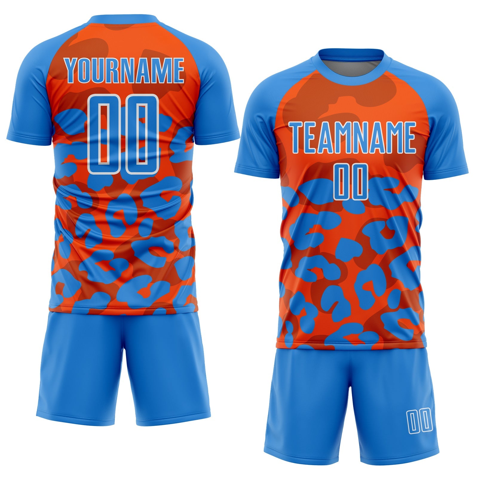Custom Powder Blue Orange-White Animal Leopard Print Sports Sublimation Soccer Uniform Jersey