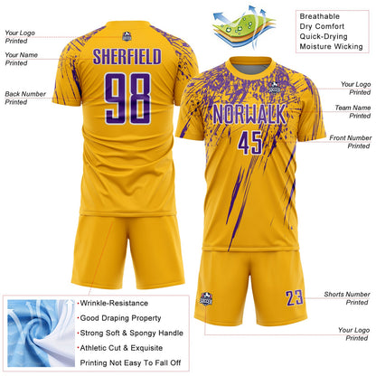 Custom Gold Purple-White Splash Sports Sublimation Soccer Uniform Jersey