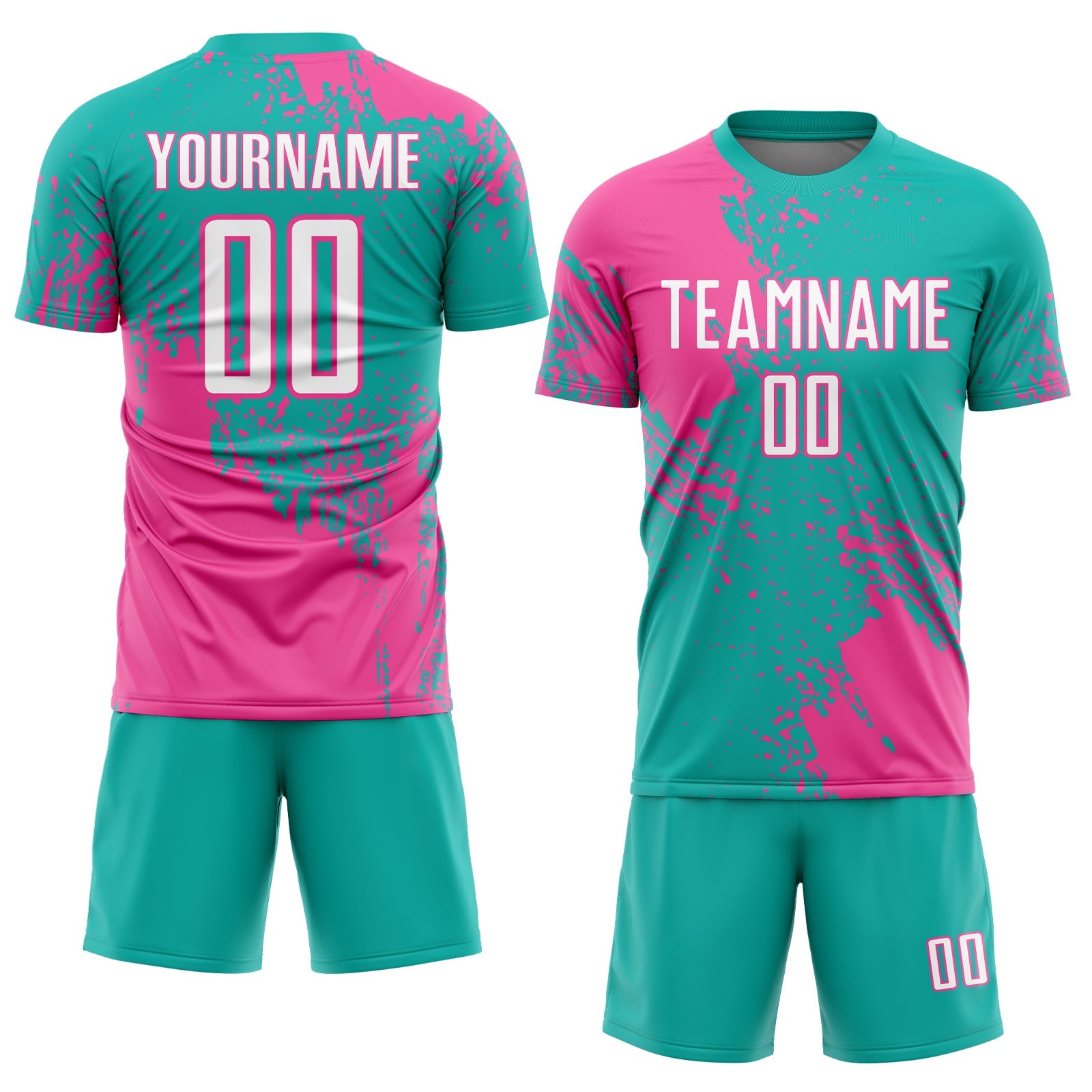 Custom Aqua White-Pink Abstract Brush Stroke Sports Sublimation Soccer Uniform Jersey