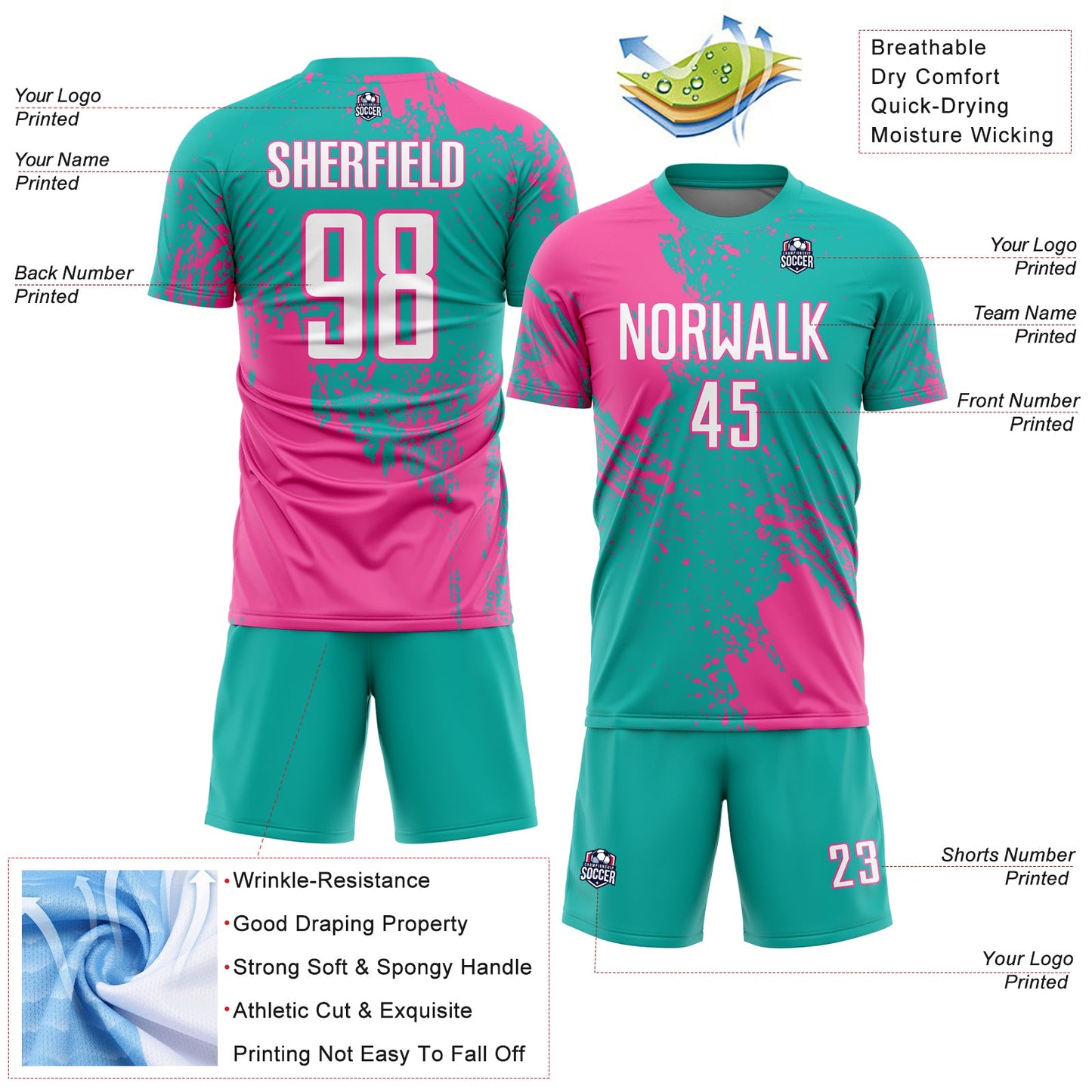 Custom Aqua White-Pink Abstract Brush Stroke Sports Sublimation Soccer Uniform Jersey