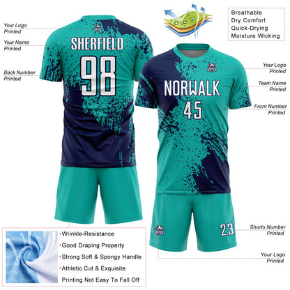 Custom Aqua White-Navy Abstract Brush Stroke Sports Sublimation Soccer Uniform Jersey