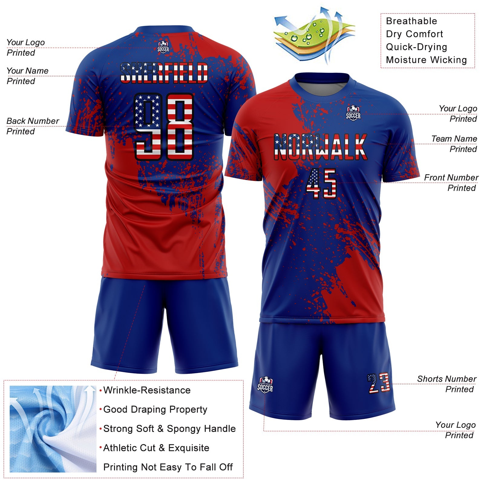Custom Royal USA Flag Red-Black Abstract Brush Stroke Sports Sublimation Soccer Uniform Jersey