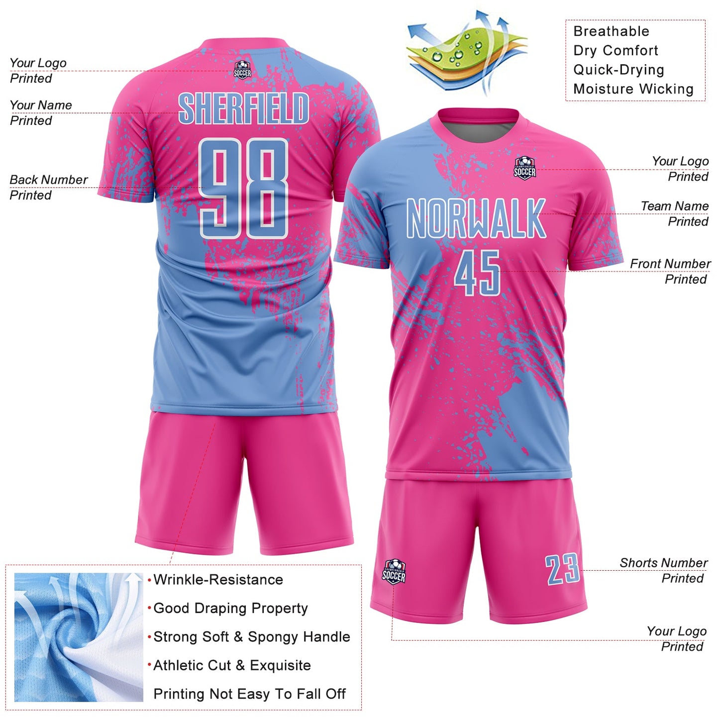 Custom Pink Light Blue-White Abstract Brush Stroke Sports Sublimation Soccer Uniform Jersey