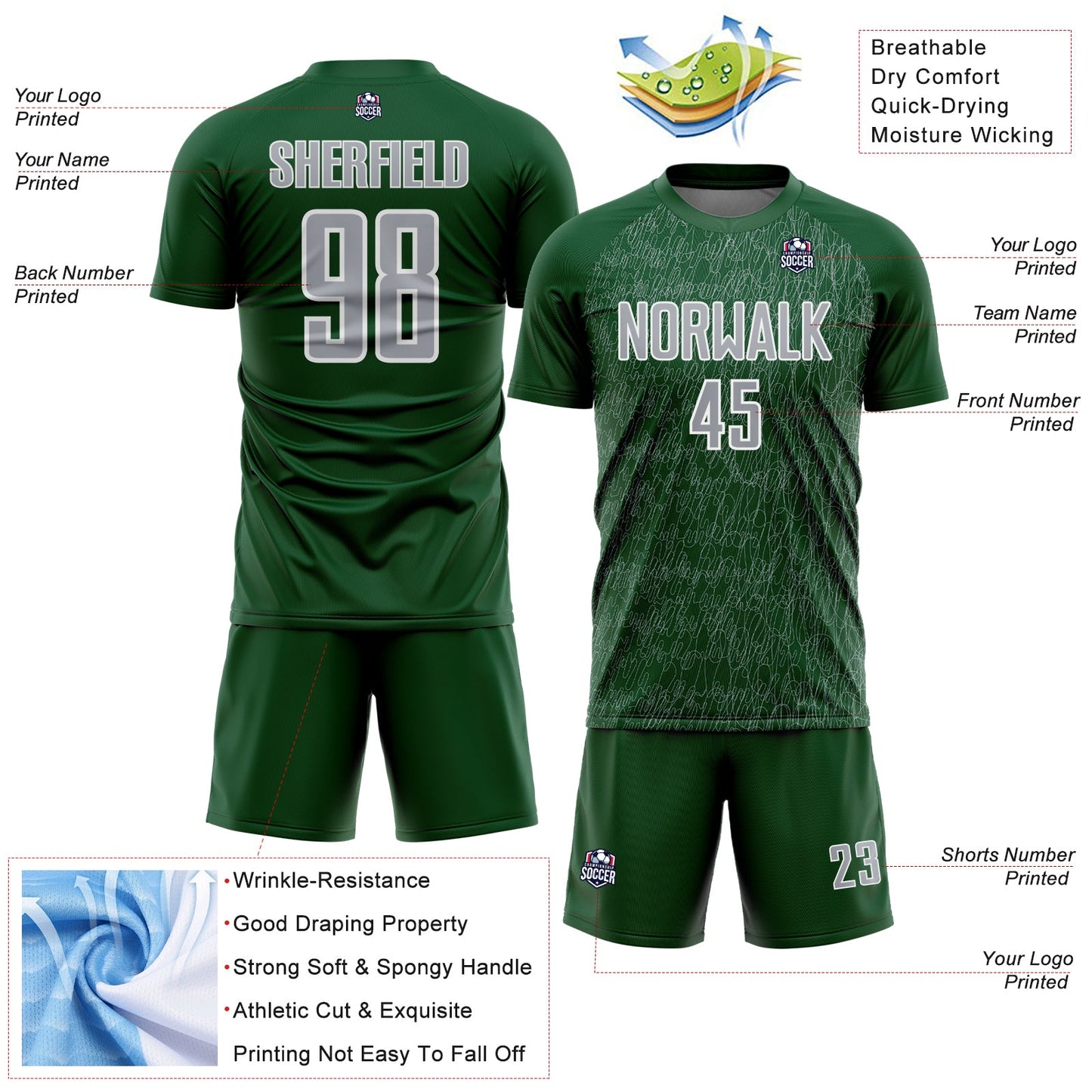 Custom Green Gray-White Abstract Scribble Curve Line Pattern Sports Sublimation Soccer Uniform Jersey
