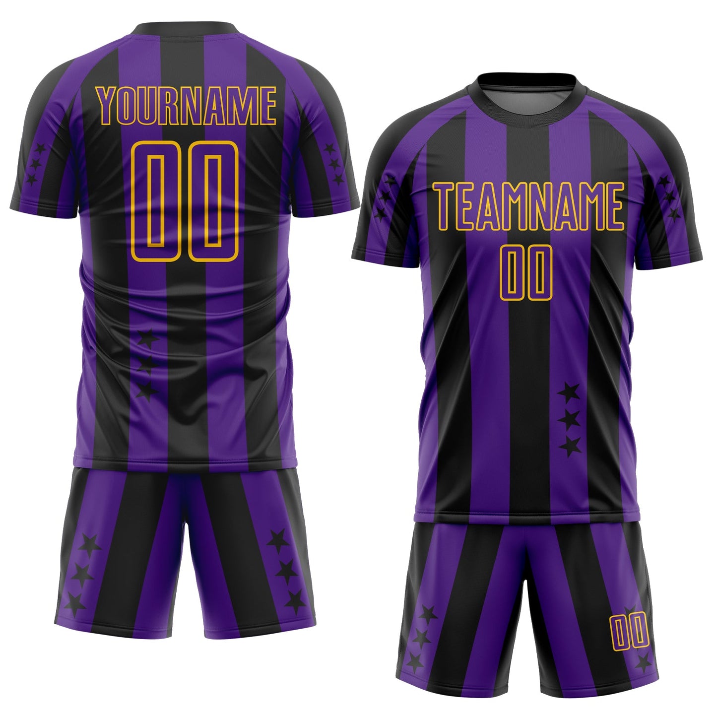 Custom Black Purple-Yellow Stars And Stripes Sports Sublimation Soccer Uniform Jersey