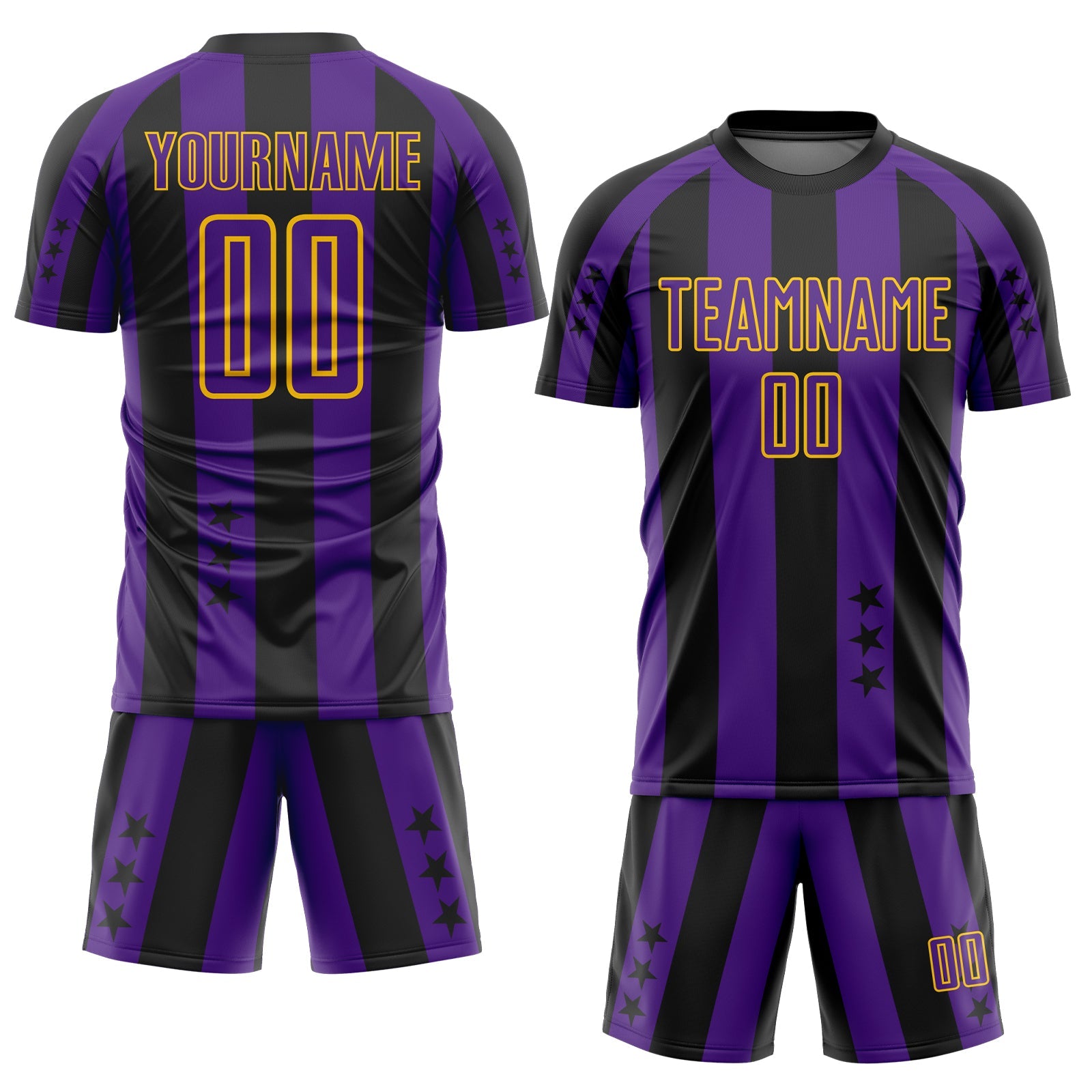 Custom Black Purple-Yellow Stars And Stripes Sports Sublimation Soccer Uniform Jersey