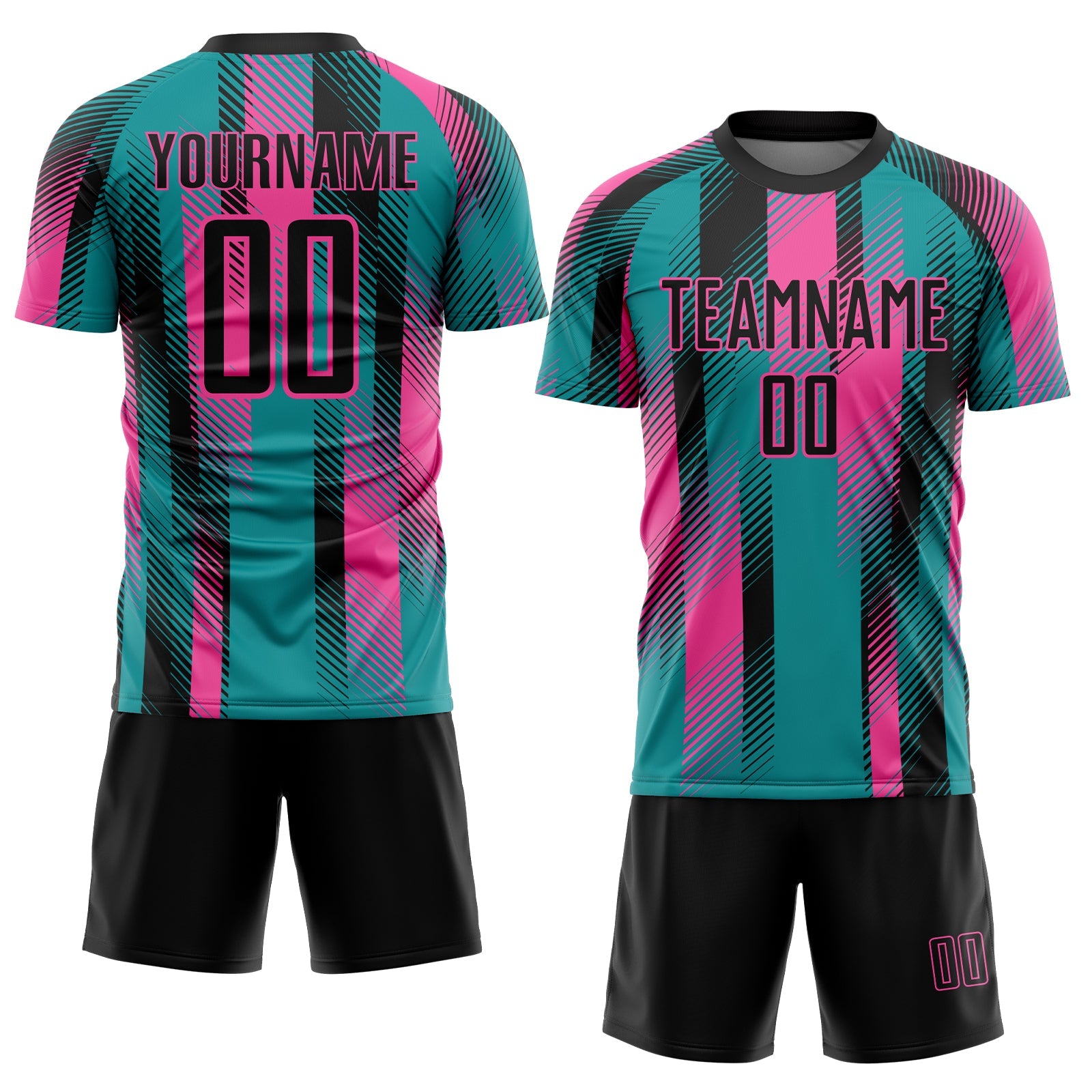 Custom Teal Black-Pink Diagonal Stripe Sports Sublimation Soccer Uniform Jersey