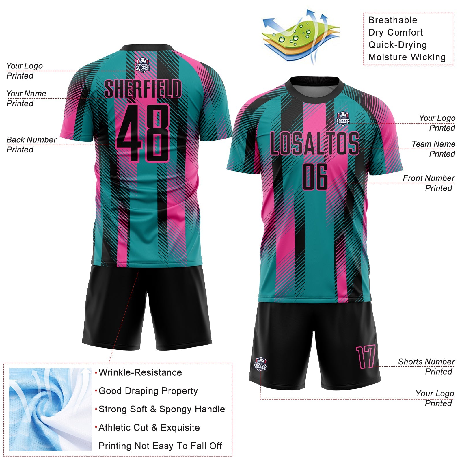 Custom Teal Black-Pink Diagonal Stripe Sports Sublimation Soccer Uniform Jersey