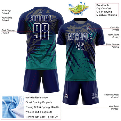 Custom Navy White-Teal Gradient Claw Mark Splatter Sports Sublimation Soccer Uniform Jersey