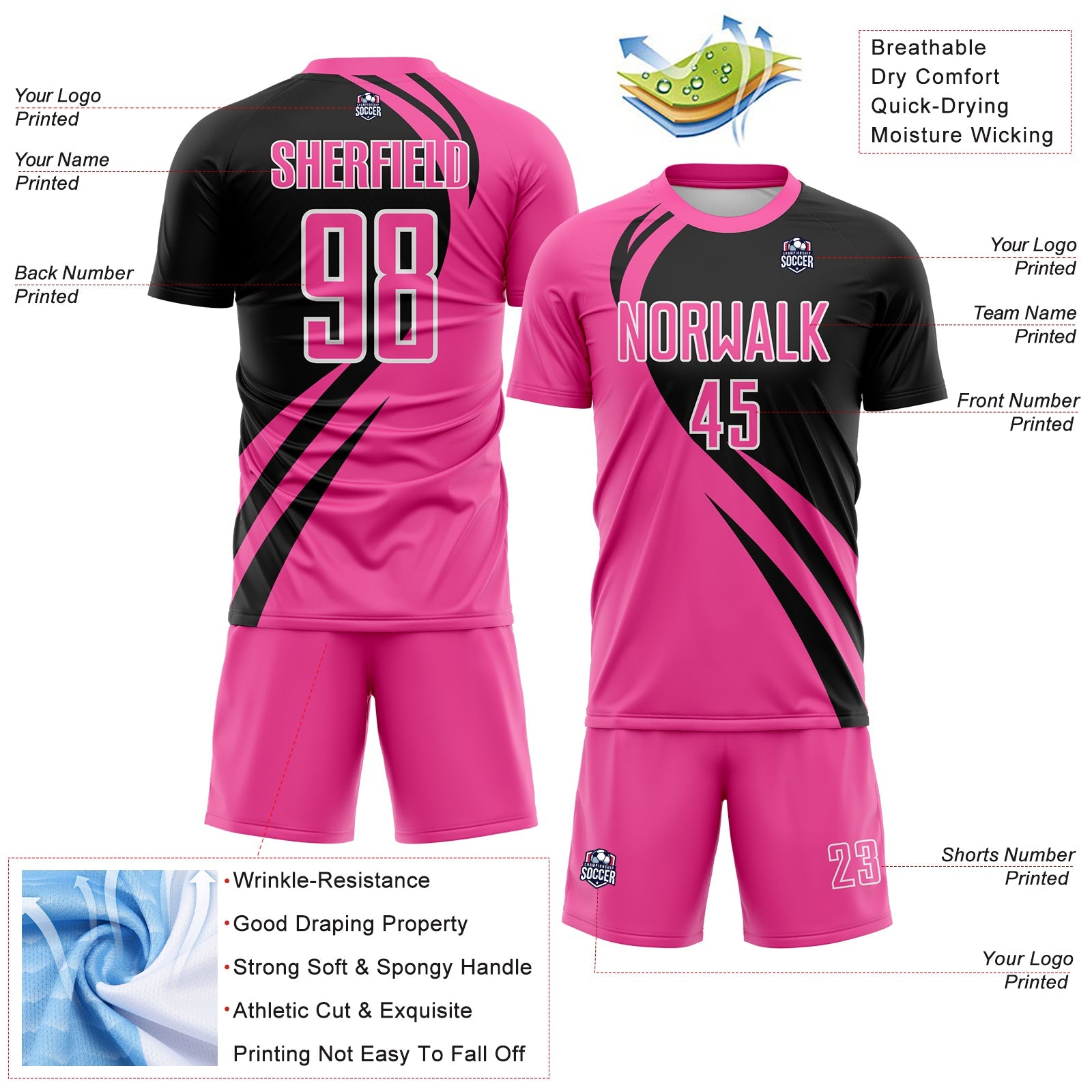 Custom Pink Black-White Diagonal Streamline Color Block Swirl Curve Lines Sublimation Soccer Uniform Jersey