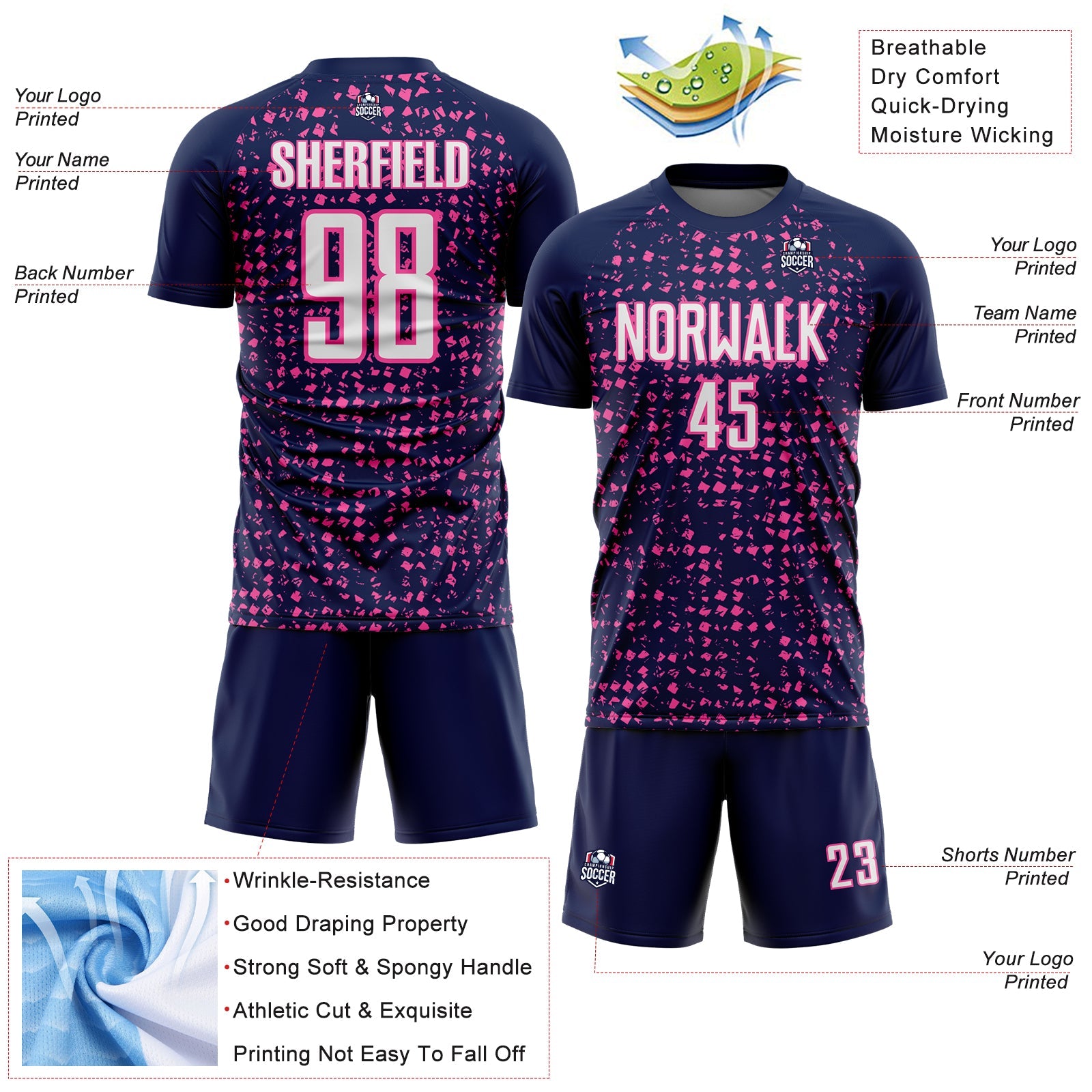 Custom Navy White-Pink Digital Geometric Fragment Speckles Sublimation Soccer Uniform Jersey