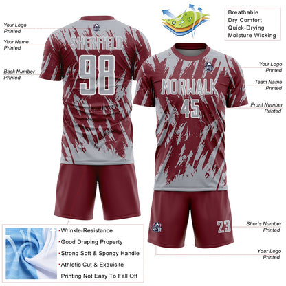 Custom Burgundy Gray-White Splatter Torn Sharp Brush Stroke Sublimation Soccer Uniform Jersey