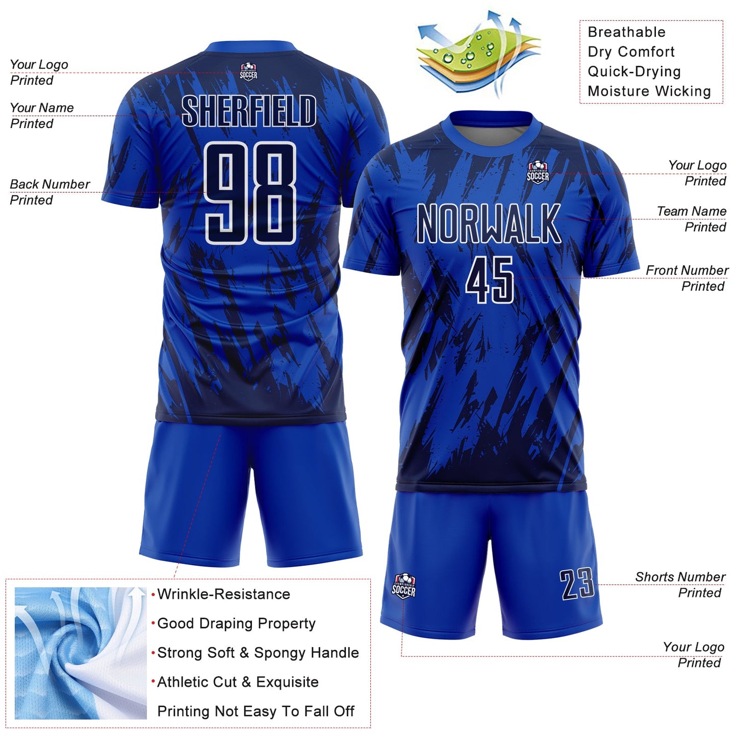 Custom Thunder Blue Navy-White Splatter Torn Sharp Brush Stroke Sublimation Soccer Uniform Jersey