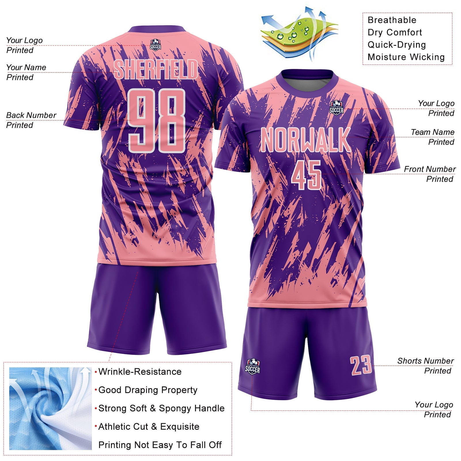 Custom Purple Medium Pink-White Splatter Torn Sharp Brush Stroke Sublimation Soccer Uniform Jersey