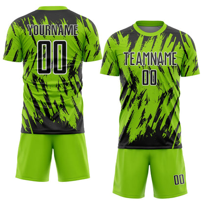 Custom Neon Green Black-White Splatter Torn Sharp Brush Stroke Sublimation Soccer Uniform Jersey